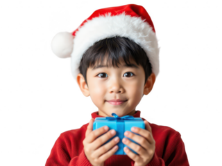 Portrait of a young boy in a Santa hat holding a present with curiosity, isolated on transparent background