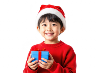 Portrait of a young boy in a Santa hat holding a present with curiosity, isolated on transparent background