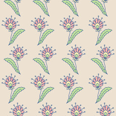 Hand drawn doodle flowers seamless pattern on beige background. Simple floral background.