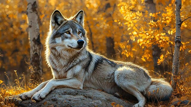 Wolf lounging comfortably on a sunlit rock surrounded by autumn foliage in a tranquil forest