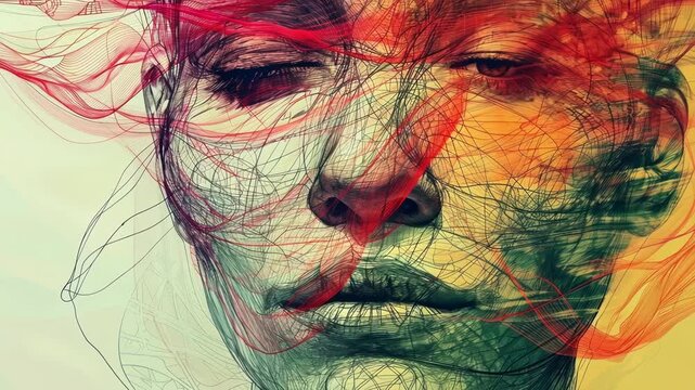A detailed drawing of a persons face with multiple layers illustrating the different emotions they are experiencing simultaneously.