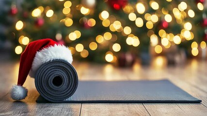 Yoga mat wearing santa hat in front of christmas tree