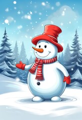 Fototapeta premium Ein lächelnder Schneemann mit rotem Hut, Schal und Handschuhen steht im verschneiten Winterwald unter fallenden Schneeflocken. Generative KI.
