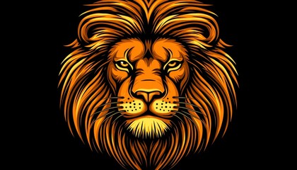 Obraz premium Majestic Golden Lion Head Portrait Vibrant Neon Digital Illustration on Black Background