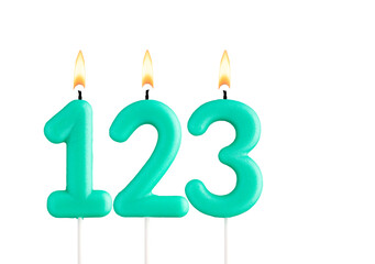 Birthday number 123 - Green birthday candle on white background