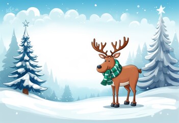 Ein freundliches Rentier steht im verschneiten Winterwald, umgeben von Tannen und sanft fallendem Schnee – mit viel Textfreiraum für persönliche Weihnachtsgrüße. Generative KI.