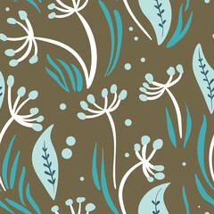 Seamless floral pattern based on traditional folk art ornaments. Colorful flowers on color background. Scandinavian style. Sweden nordic style. Vector illustration. Simple minimalistic pattern