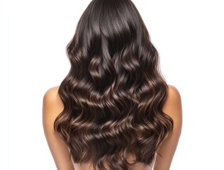 A beautiful woman with long, dark brown hair styled in sleek waves is featured against an isolated white background.