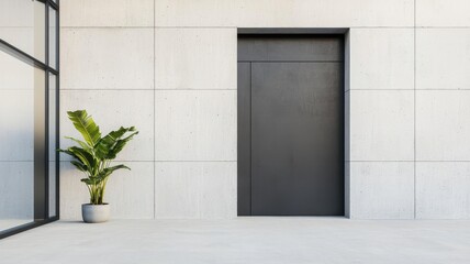 Business center entrance featuring a large, industrialstyle steel door and minimalist concrete walls   entrance design, steel and concrete