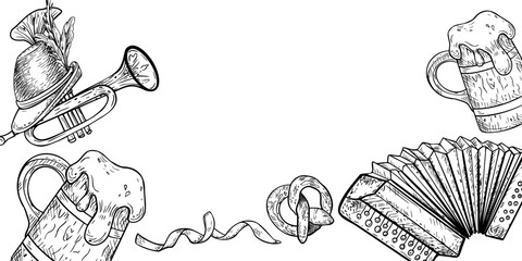 Oktoberfest banner black white vector isolated. Wooden beer mug, tankard beer, accordion and trumpet monochrome banner Beer fest. German hat, musical instruments hand drawn by ink on border.