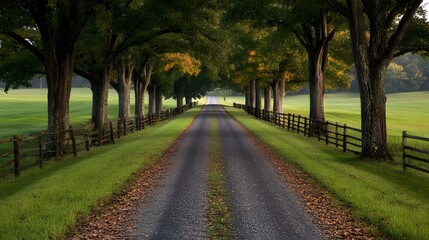 Fototapeta premium Country lane lined with large trees, their leaves creating a canopy overhead, offering a peaceful and scenic view of nature, perfect for a serene walk or drive through the countryside