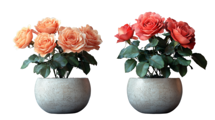 Two Peach and Pink Rose Bouquets in Stone Pots: A pair of delicate peach and pink rose bouquets, nestled in elegant stone pots, evoke a sense of timeless beauty and tranquility.