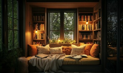 Fototapeta premium Cozy reading nook with bookshelves and window.