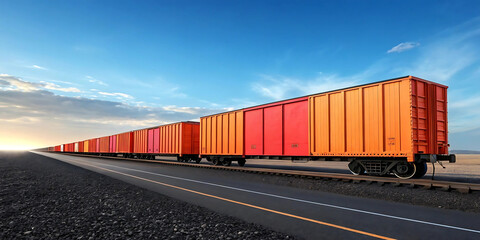 Fototapeta premium Panoramic image of a freight train on a clear day. The train consists of several boxcars, each painted in vibrant shades of orange and red.