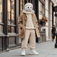 Fashionable humanoid robot in cozy winter outfit standing stylishly on city street