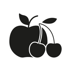Fresh Produce With Apple And Cherry Silhouette Icon. Healthy Fruits And Nutrition, Organic Eating. Isolated Vector Illustration
