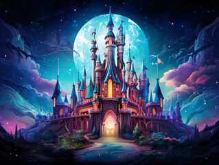 A romantic fairytale castle perched on a hill with a access road. Clear moonlit night. Fantasy fairy tale world of rumors and adventure.