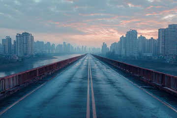 Fototapeta premium Misty urban landscape at dawn with a river and tall buildings