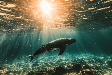 Fototapeta premium Pygmy right whale swimming underwater with sunbeams shining through water surface