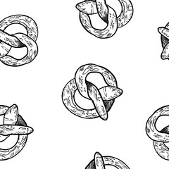 Pretzel black white graphic vector seamless pattern isolated. German pastry with salt hand drawn by ink silhouette. Repeated texture of crisp biscuit baked form of a knot monochrome design packaging.
