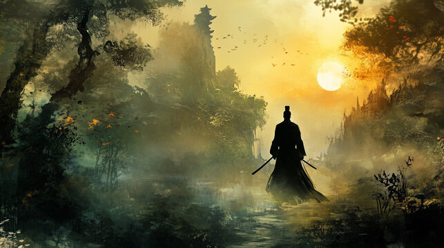 Chinese chivalrous kung-fu master walking in the forest