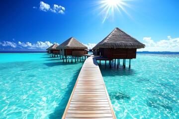Wooden pathway leading to overwater bungalows in tropical ocean paradise