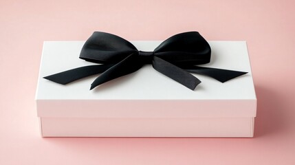 Elegant white box with a slim black bow on a soft pink background, minimalist contrast