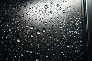 Raindrops collect on a dark glass surface during a rainy afternoon