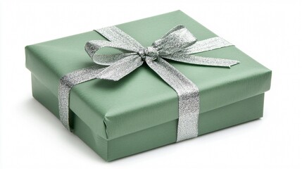 Light green gift with a small silver ribbon on one side on a white background, understated and festive