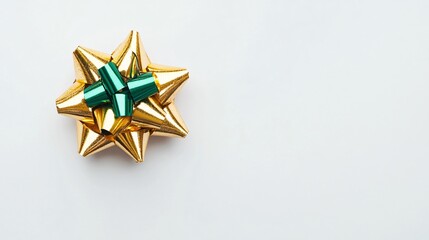 Plain gold gift with a small green bow on a bright white background, luxurious minimal style