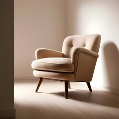 Retro Armchair in a Simple Corner: A single retro armchair with wooden legs and upholstered in a warm, neutral fabric, placed in a quiet corner of a minimalist room.
