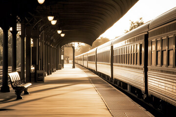 Obraz premium A train station with a long train parked on the tracks