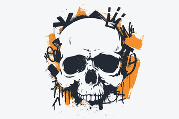 Obraz premium White skull silhouette in grunge style on paint stroke texture background. Skull stencil with graffiti tags, scribbles, ink drips. Ideal for wall decoration, t-shirt print, poster, music cover, etc.