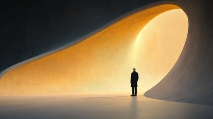 Fototapeta premium A person stands in a vast, curved architectural space illuminated by golden light, AI