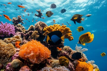 Vibrant coral reef teeming with colorful fish in crystal clear waters during midday sunlight near a tropical island