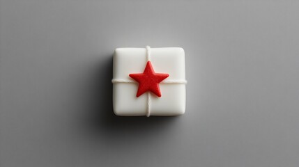 Fototapeta premium Small white present with a subtle red star emblem on a gray background, understated festivity