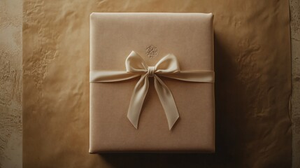 Solid beige present with no bow, only a white emblem on top on a soft tan background, rustic elegance