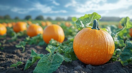 Obraz premium Pumpkins in a Field Ready for Autumn Harvest