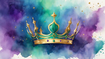 Golden crown with colorful watercolor background and sparkles for Dia de los Reyes celebration