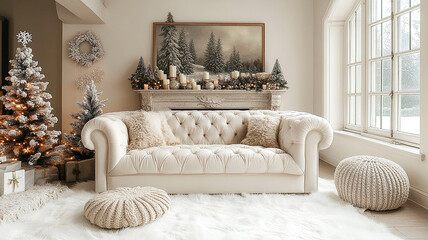 Elegant living room with a cozy white couch and holiday decorations featuring a fireplace and festive greenery in winter