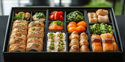Beautifully arranged lunch box The background is a blurred university cafeteria. Gives a feeling of care and attention to detail. It can be used to promote catering services or recommend food menus.
