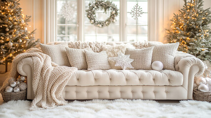 Fototapeta premium Cozy winter living room adorned with soft pillows and festive decorations, featuring a lovely couch and Christmas trees in the background