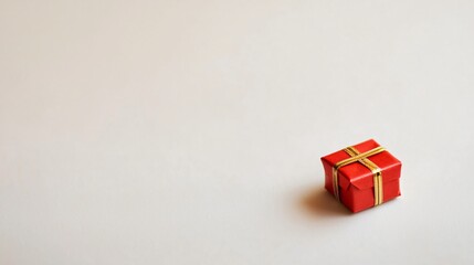 Tiny red gift with a single gold stripe around the edge on a soft white background, festive minimalism