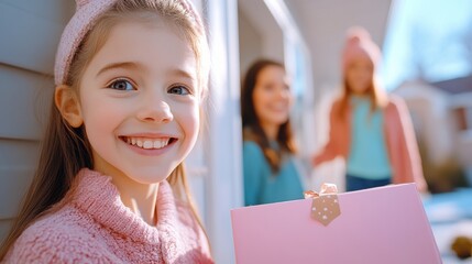 Smiling girl holding a gift box with friends in the background on a sunny day, AI