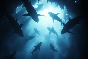 Obraz premium Sharks swimming gracefully in the blue depths of a cave, illuminated by natural light during daytime exploration