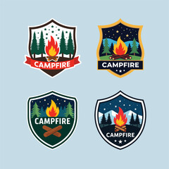 Naklejka premium A vintage illustration of the Camping badges and emblems Logo with forest trees and campfire