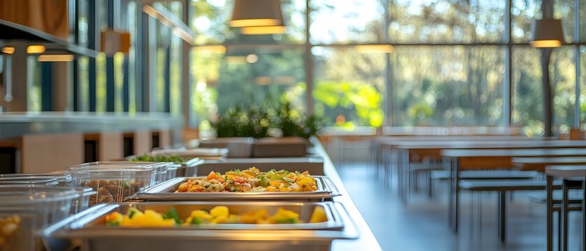 Beautifully arranged lunch box The background is a blurred university cafeteria. Gives a feeling of care and attention to detail. It can be used to promote catering services or recommend food menus.