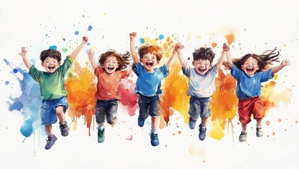 Naklejka premium Joyful Children Jumping and Smiling in Colorful Watercolor Style Against White Background