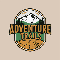 A vintage vector illustration of the Adventure Trails Logo with mountains and trees