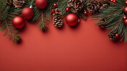 Christmas background with candy, pine branches, red decorations, flat red surface. Banner for design or advertising banner, layout template, copy space concept. Top view.